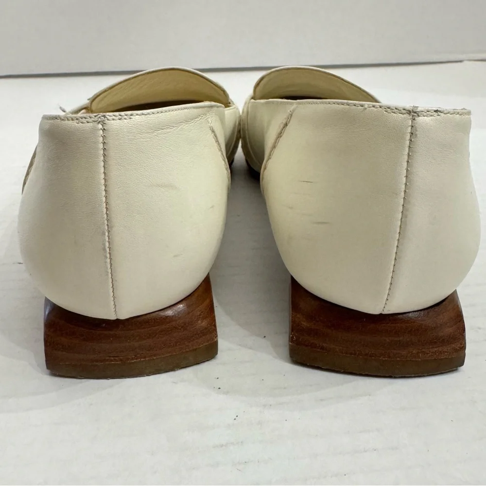 CHANEL Sz 37.5 Off White Calfskin Square Toe Slip on LOAFERS Low Heel Italy LUX